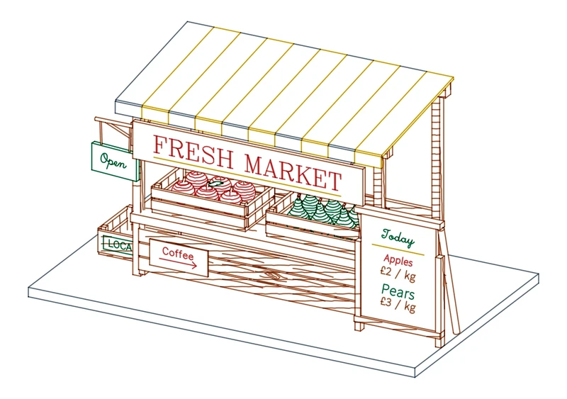Fresh market / signs, prices and stamps