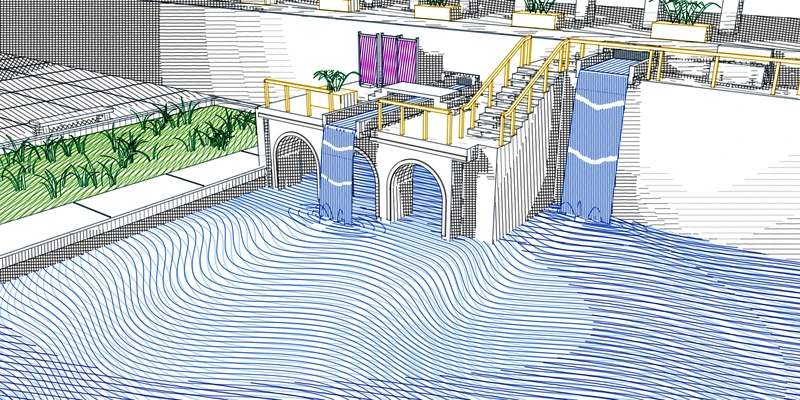 Water garden / soft shadows, stone arcades and three-green planting